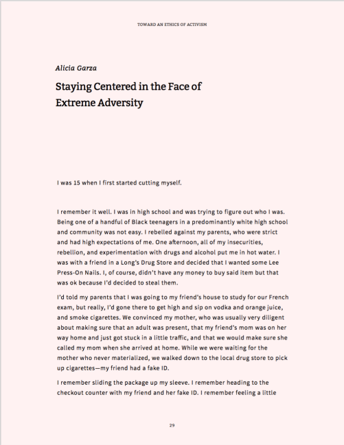 First page of Alicia Garza's essay, Staying Centered in the Face of Extreme Adversity