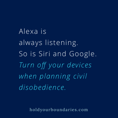 Instagram post: Alexa is always listening. So is Siri and Google. Turn off your devices when planning civil disobedience.