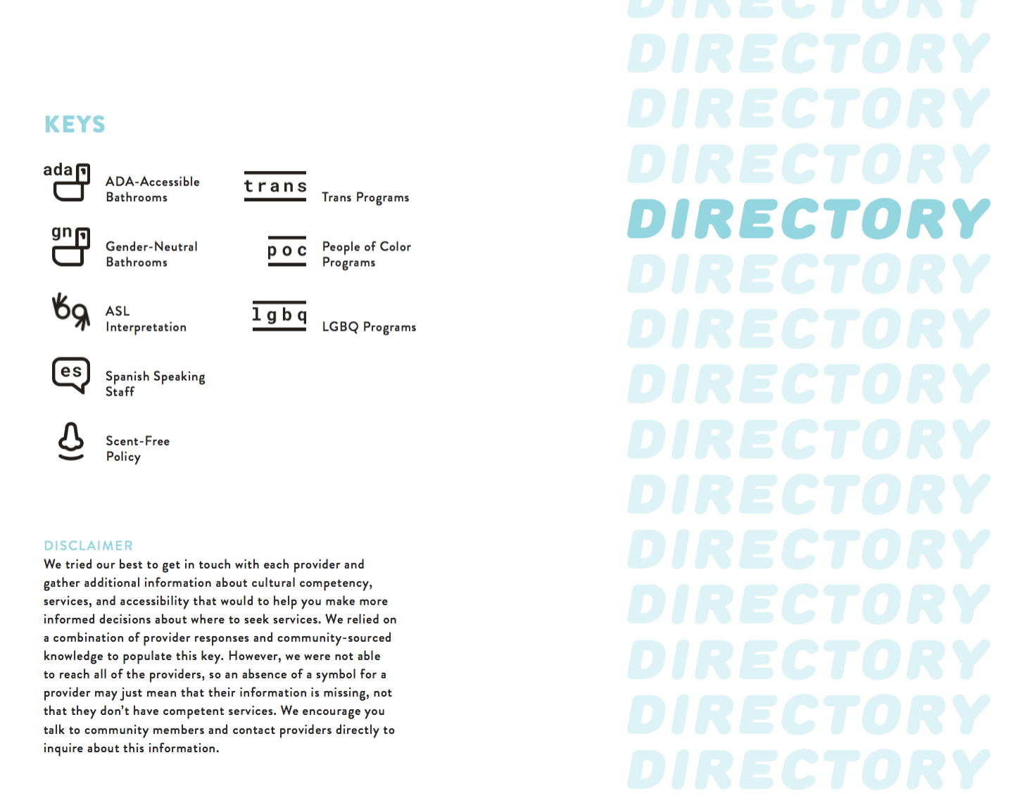Directory Page with Keys (ADA, GNC, ASL, Spanish speaking, Scent-free, trans, POC, LGBQ)