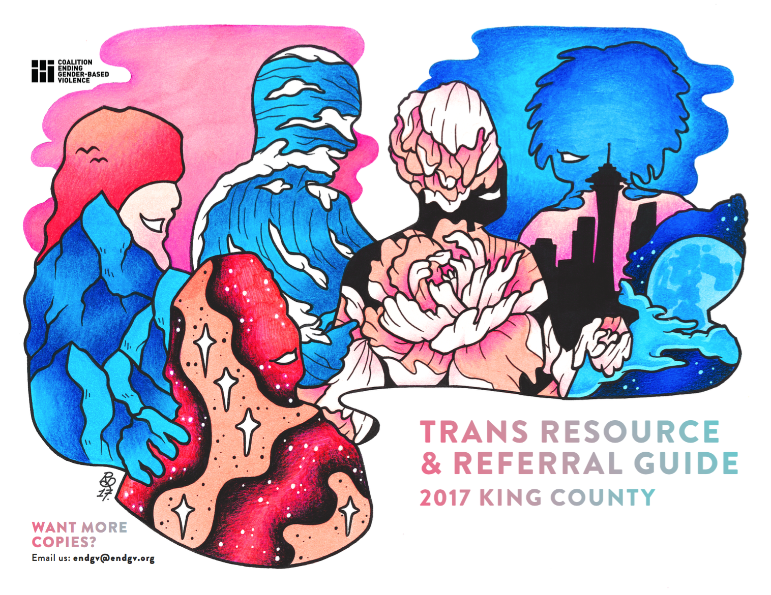 Cover of 2017 King County Trans Resource & Referral Guide, Pink and Blue drawings of abstract people being together